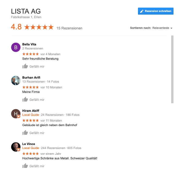 Google My Business Eintrag Lista AG Erlen - Rezensionen